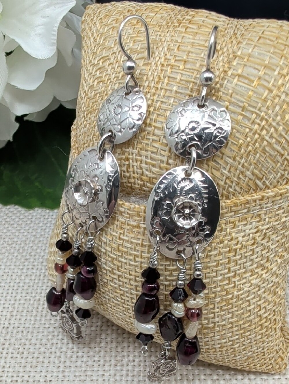 Vintage 925 Sterling Silver Floral Repoussé Chandelier Earrings 3" - Picture 12 of 17